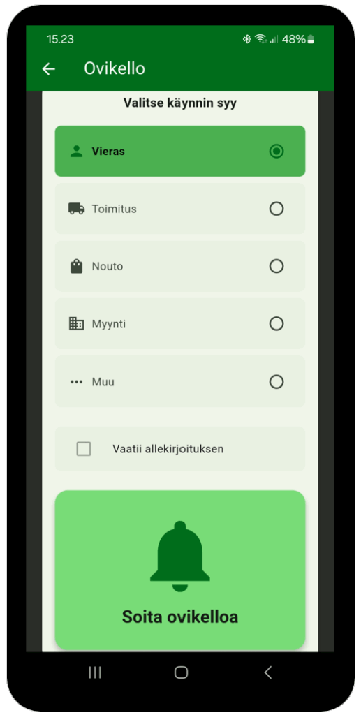 D-Bell sovellus — Soita ovikelloa näkymä